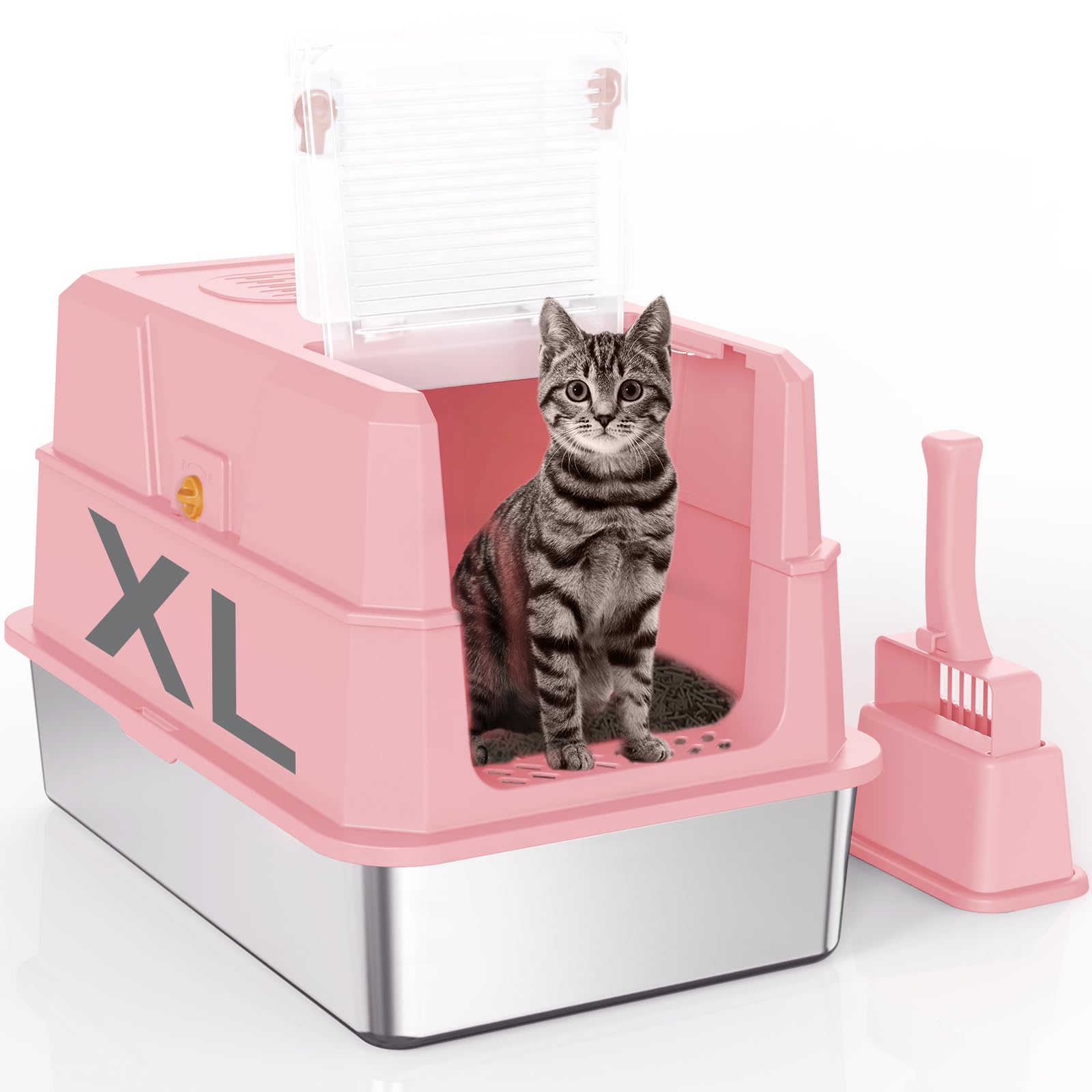 SZEE XL Edelsthal Katzenklo mit 180° Klappdeckel, Große Geschlossene Katzentoilette Edelstahl mit Deckel, Stainless Steel Cat Litter Box with Scoop-59x38x38cm, Rosa