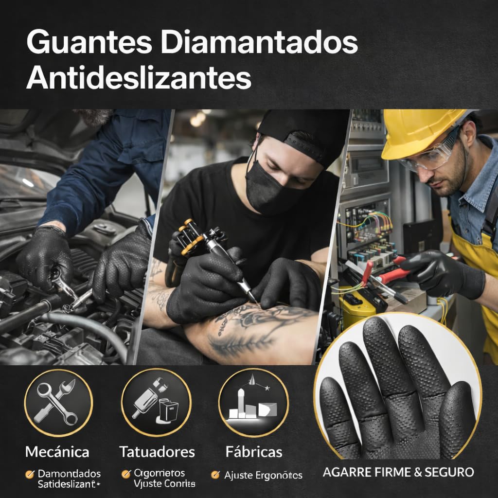 (Pack de 100) Guantes de Nitrilo Diamantados Negros Talla M (Sin Latex y de Doble Grosor) - Guante Para Mecánica - Nitrile Gloves - Guantes Nitrilo - Guantes Trabajo Hombre - Luvas Descartaveis