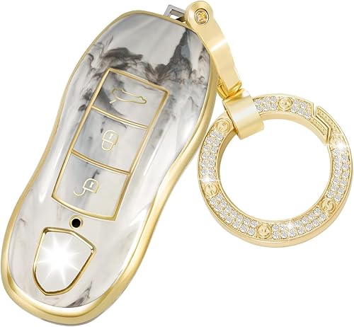 SWEETBOND Funda para llavero Porsche Macan Cayenne Panamera 911 Boxster Cayman 718, carcasa de llave de moda con llavero dorado de diamante (blanco)