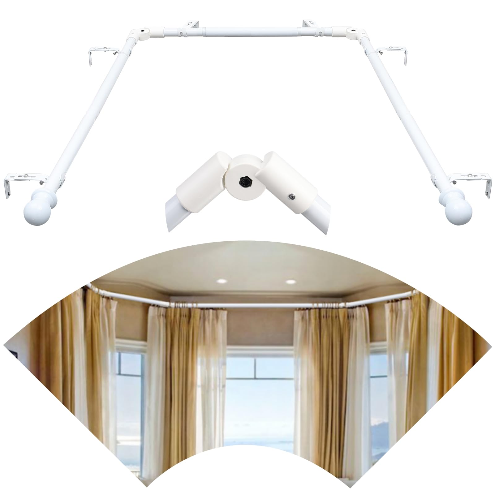 ERVNYNT Bay Window Curtain Rods，146-187 inch White 1 Inch Diamer Adjustable Sturdy Bay Window Curtain Rod 3 Sided 59-78.7 Inch Side Rods for Windows for Living Room Bedroom And Sliding Windows