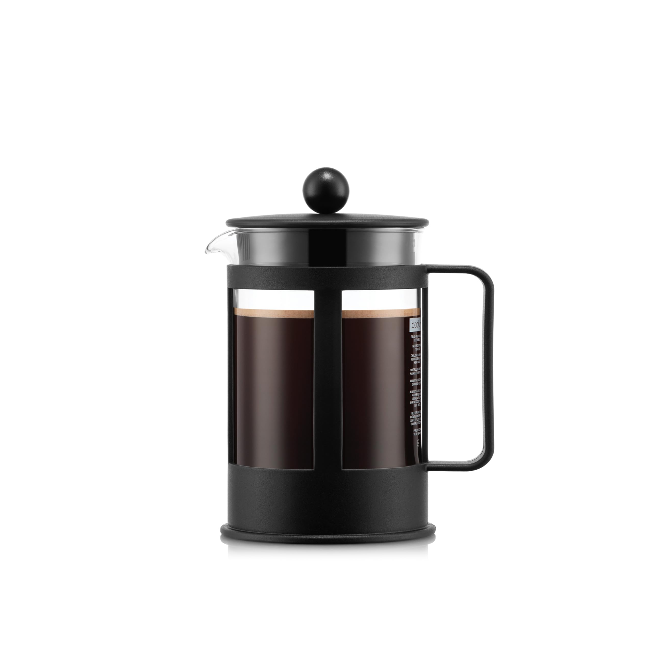 Bodum KENYA French Press Coffee Maker, 500ml / 4 Cup Cafetière with Heat-Resistant Borosilicate Glass, Reusable Stainless-Steel Filter and Protective Plastic Frame, Black, 1784-01