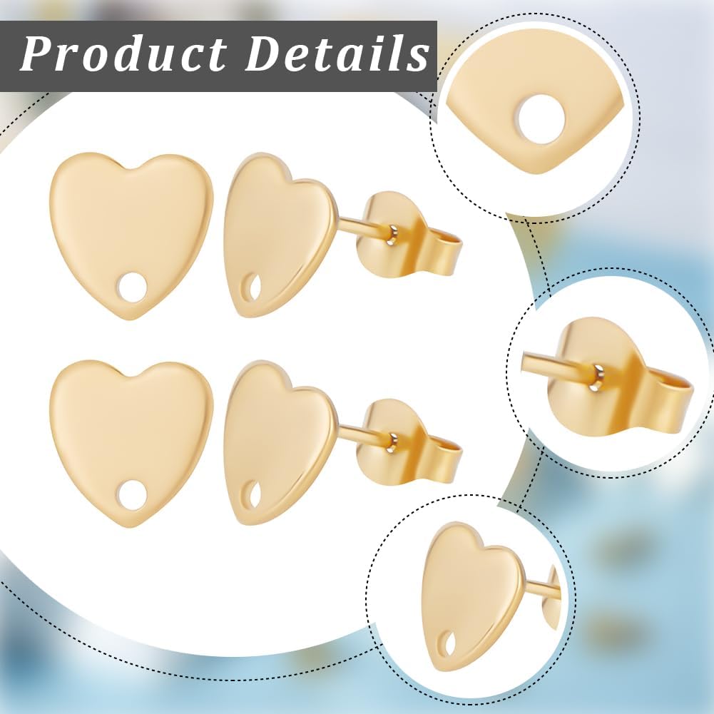 Beebeecraft 40Pcs Heart Earring Posts for Jewelry Making Golden 304 Stainless Steel Stud Earring with Loop Stud Earrings Findings Valentine Supplies