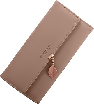 Ladies Purse Women Purse RFID Blocking PU Leather Wallet for Women,Ladies Leaf Pendant Purses with Multiple Card Slots,Zipper Coin Purse & Roomy Compartment Pale Mauve