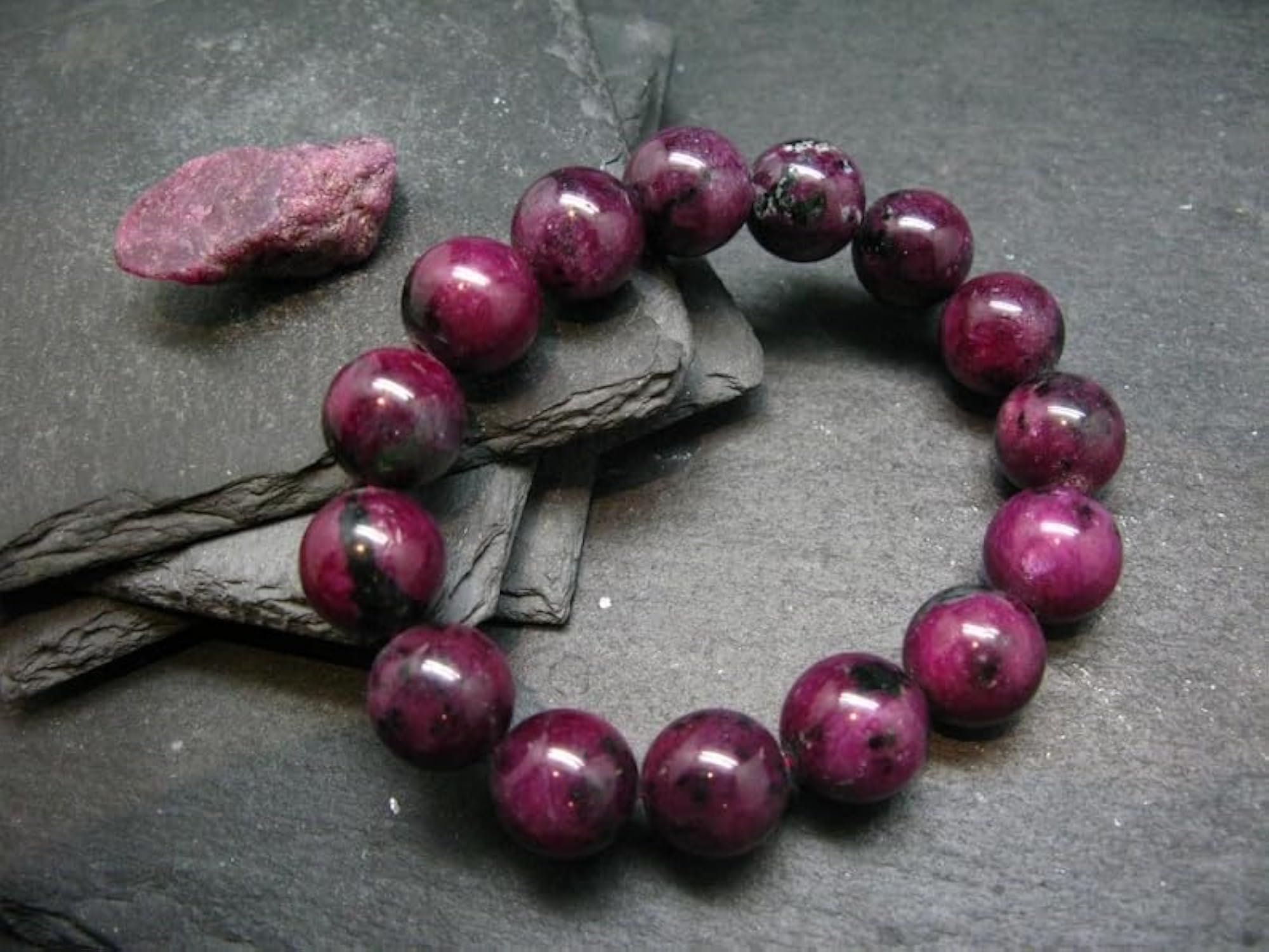 Natural Ruby 14mm Round Shape Bead Stretchable Bracelet, Unisex