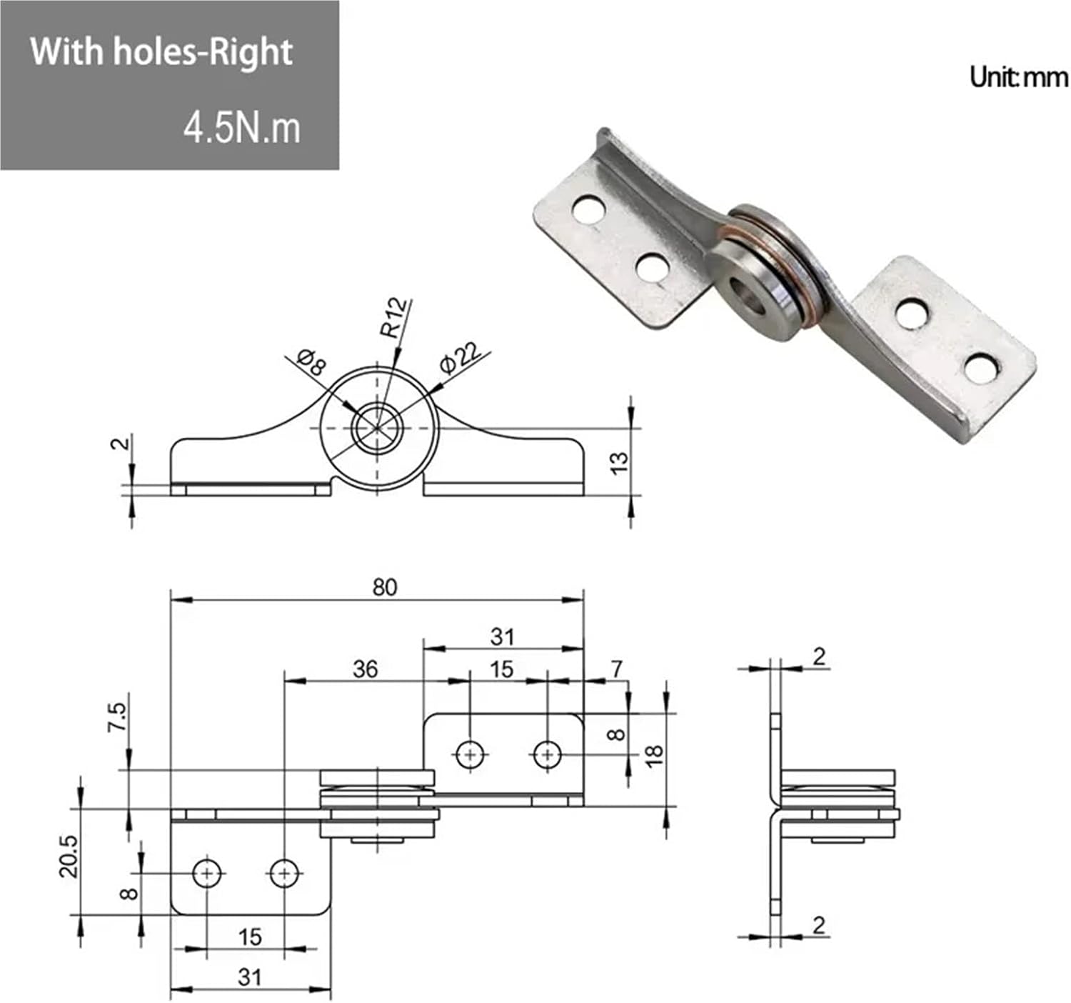 Stainless Steel Wire Hole Shaft Torque Hinge Can Freely Stop and Close Blade Equipment Damper Hinge 1Pcs(with Holes-Right)