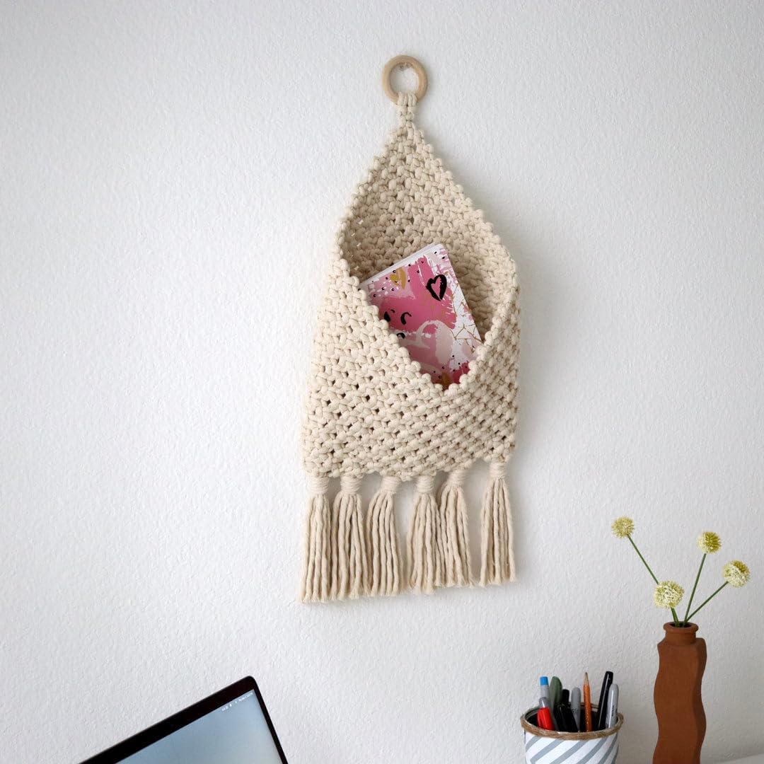 Macrame Hanging Wall Organizer, Boho Storage Pocket with Tassels and Wood Ring, Natural Cotton, 9.9 x 26.8 in