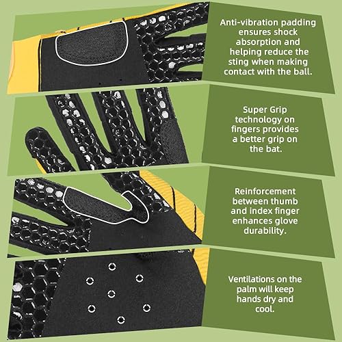 Miniatura 4 de Seibertron B-A-R PRO 2.0 - Guantes insignia de bateo para béisbol, sóftbol y Teeball, con super agarre, ajuste de dedo, múltiples tamaños 11 + 5