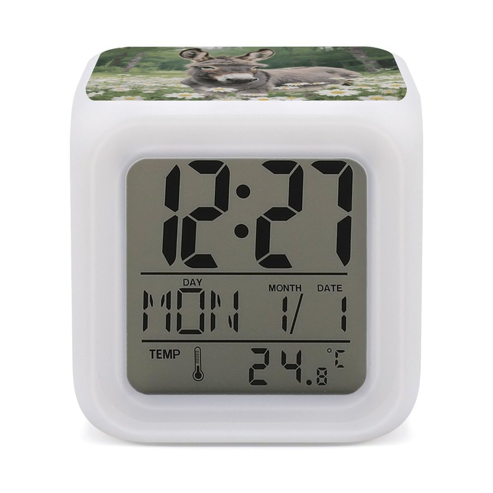 Reloj despertador Donkey in Daisy con luces de colores para regalar en cumpleaños y fiestas