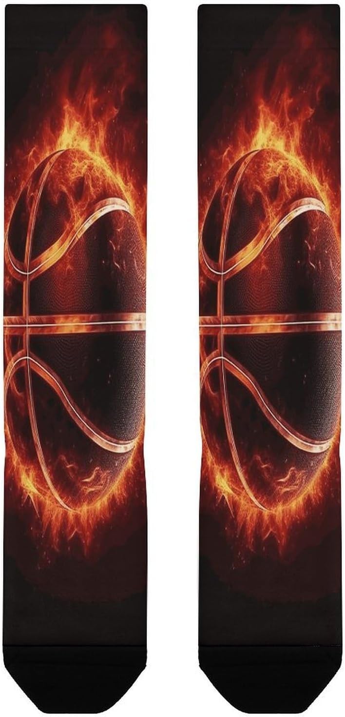 Basketball in Fire Crew Socks Calf Socks Athletic Crew Sock