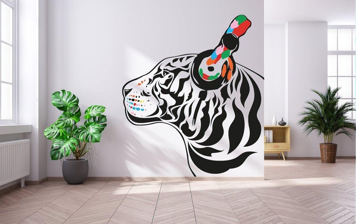 Decalcomania da parete in vinile, motivo: tigre DJ ispirata alla musica, per pareti, 63 x 55 cm, colore: bianco