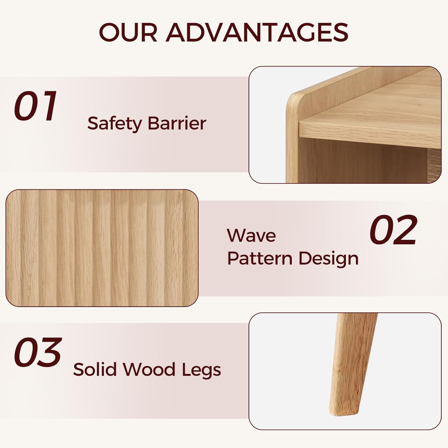 Natural Nightstand with Charging Station, Modern Bedside Table with Drawer and Storage Shelf, End Side Table with Solid Wood Legs, Night Stand, Living Room, Bedroom, Small Space, ETNA61E01 - Image 7