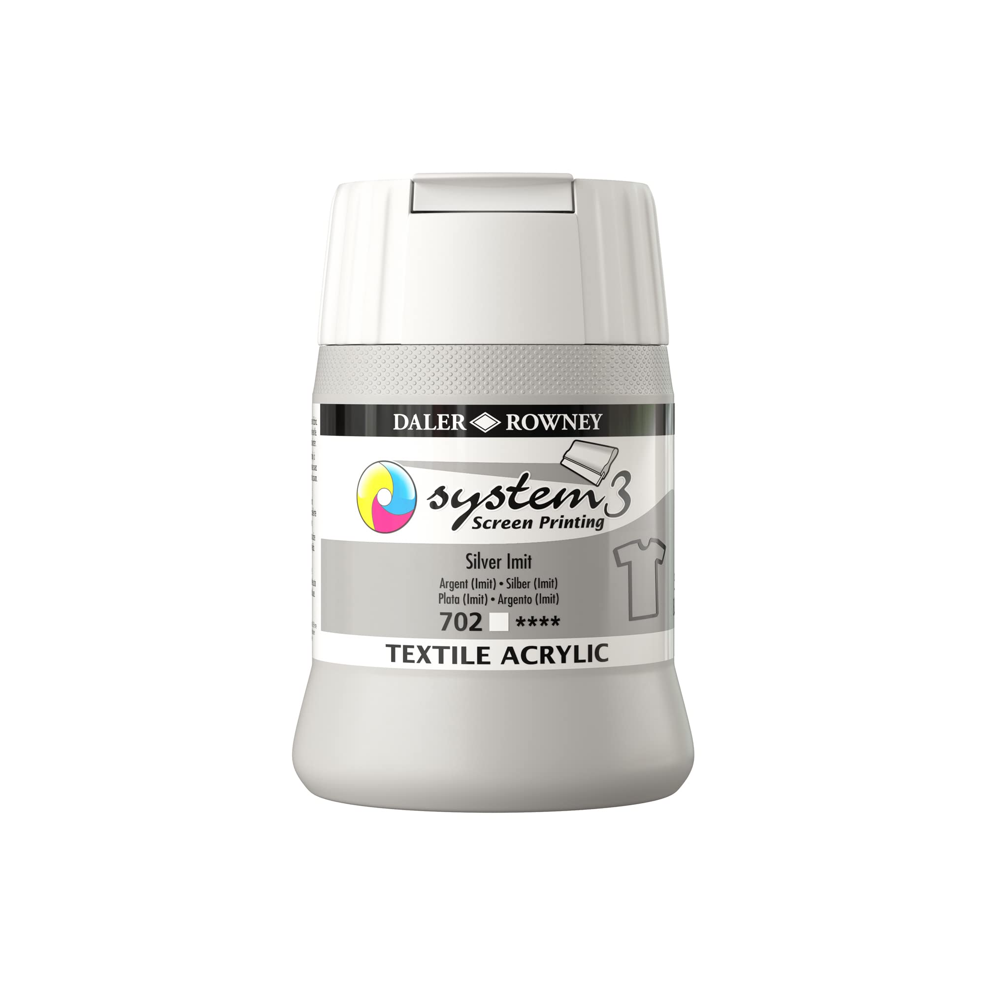 Daler-Rowney System3 Textile Acrylic Screen Printing Ink, Plastic Pot, 8.45oz - 250 ml, Silver Imitation
