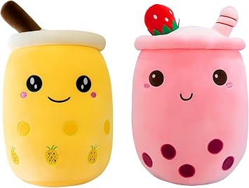 2Pcs Cute Boba Plushies, Bubble Tea Plush Pillows Kawaii Soft Toys Stuffed Animal Plushie Gifts for Girls Boys Pink & Yellow