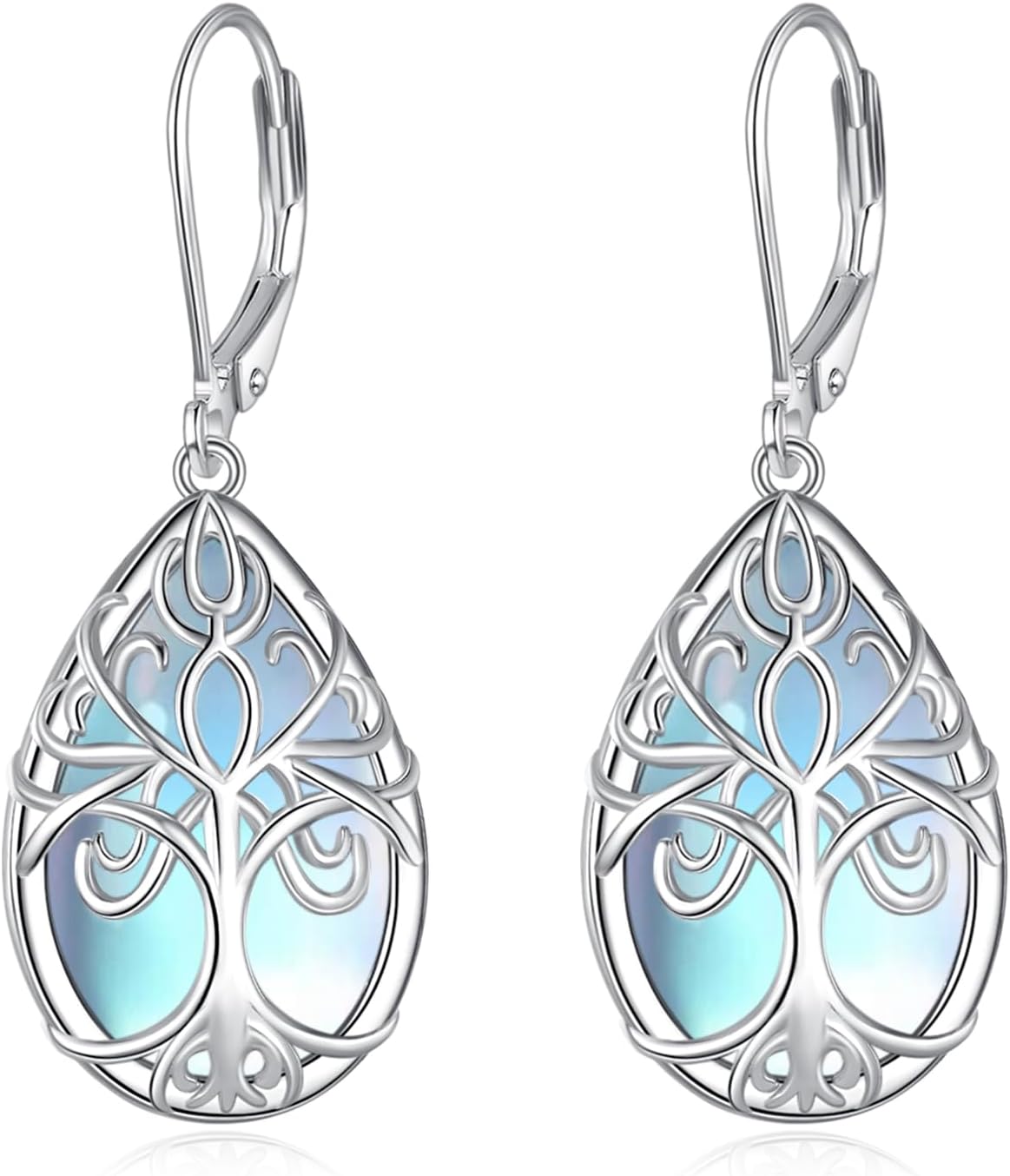 KZX Tree of Life Earrings for Women 925 Sterling Silver Tree of Life Dangle Earrings Moonstone Teardrop Dangles Leverback Earrings Jewelry Gift for Wife Mom Birthday Anniversary Christmas
