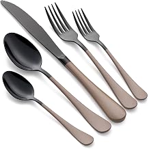 20-Piece Black Silverware Set 18/0 Stainless Steel Silverware Set Brown Handle Cutlery Set Service for 4 Dinner Knives Forks Spoons Set Flatware Set Finish Dishwasher Safe