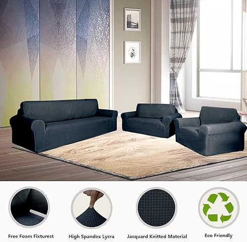Miniatura 8 de Juego de fundas protectoras de muebles de 3 piezas para sofá, sofá biplaza o sillón con brazos, elástica (de 4 vías)) para adaptarse o fundas, juego