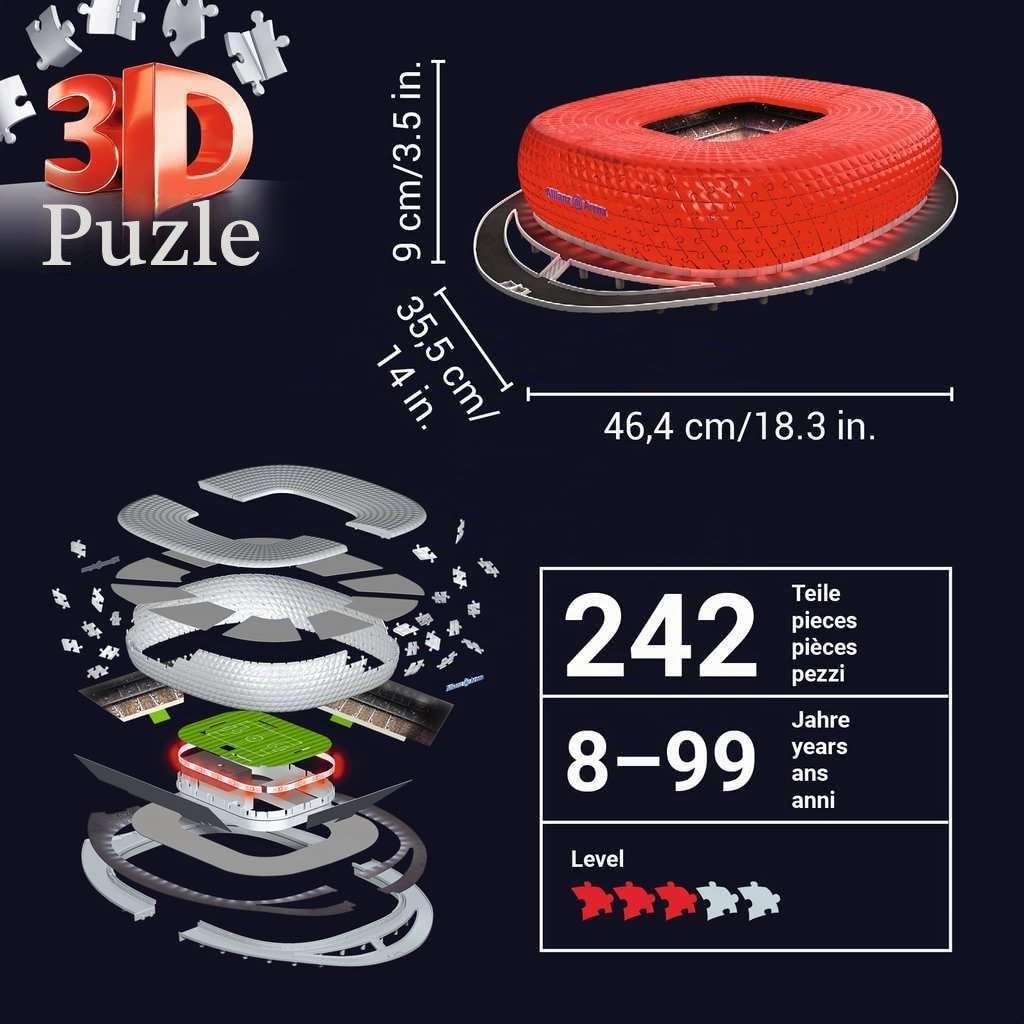 Ravensburger - Puzzle 3D 216 Juegos Stade Allianz Arena Iluminado National Soccer Club Football Noche, Color Otro, 12530