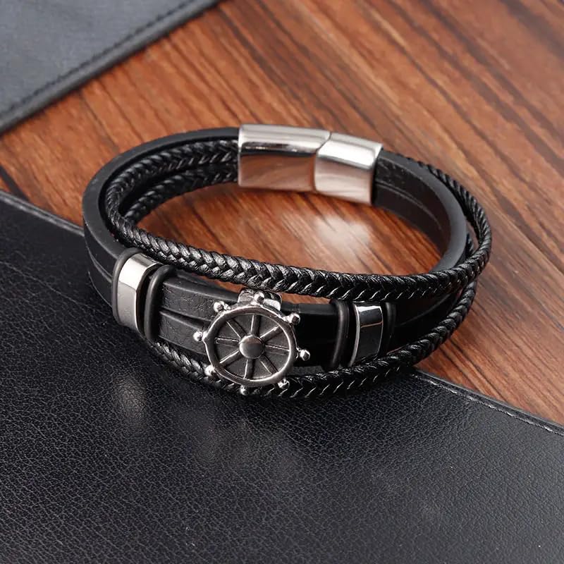 Image of THE MEN THING Leather Bracelet for Men - American Style Genuine Leather Multi-Layer Braided Bracelet with 100% Stainless Steel Magnetic Buckle for Men & Boys (8 inch)