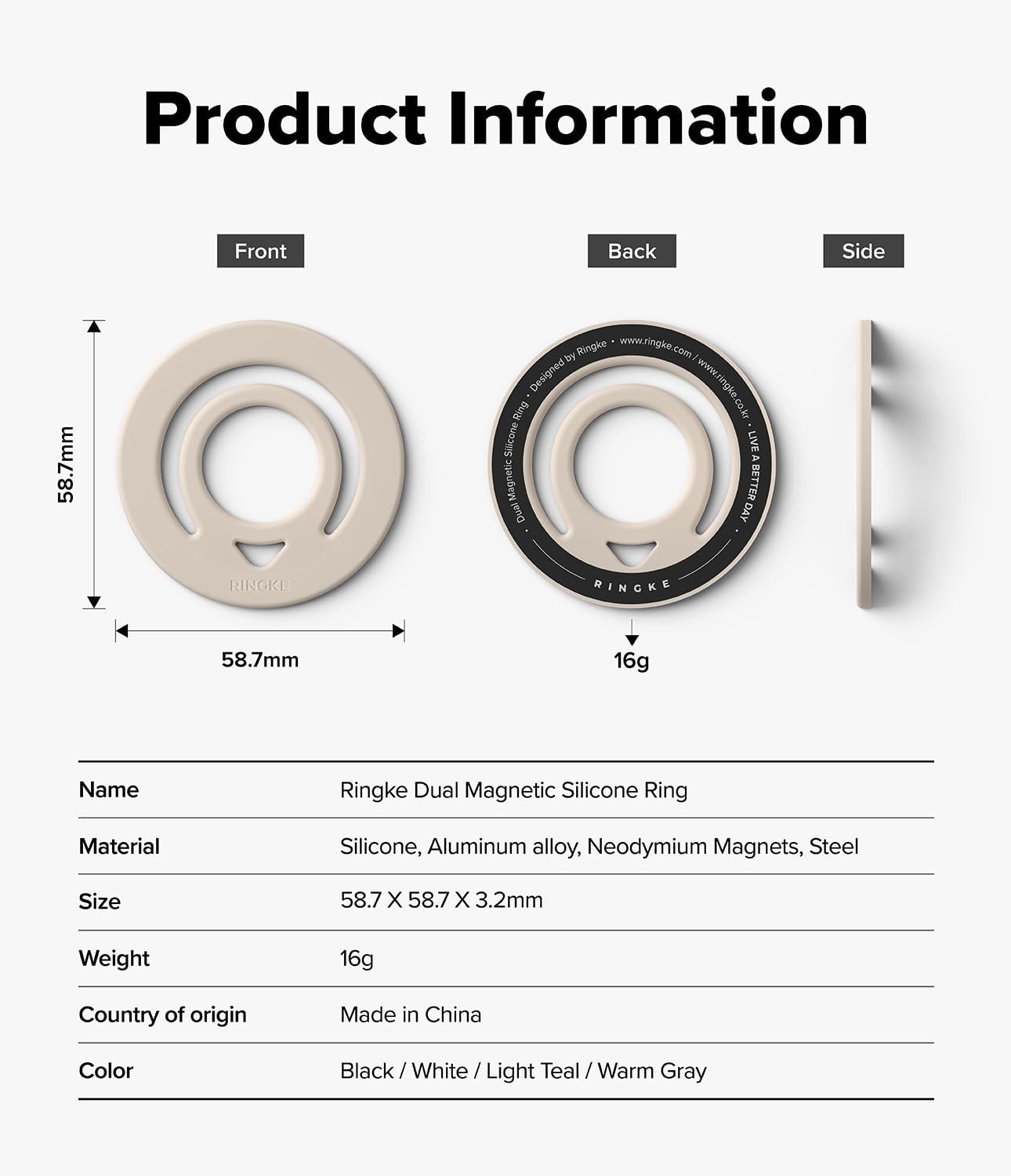 Ringke Dual Magnetic Silicone Ring [Compatible with MagSafe] Phone Grip, Dual-Sided Powerful Magnet, Lightweight (0.04 lb) & Super Slim (0.13 in) Soft Holder for iPhone, Galaxy, Pixel - Warm Gray