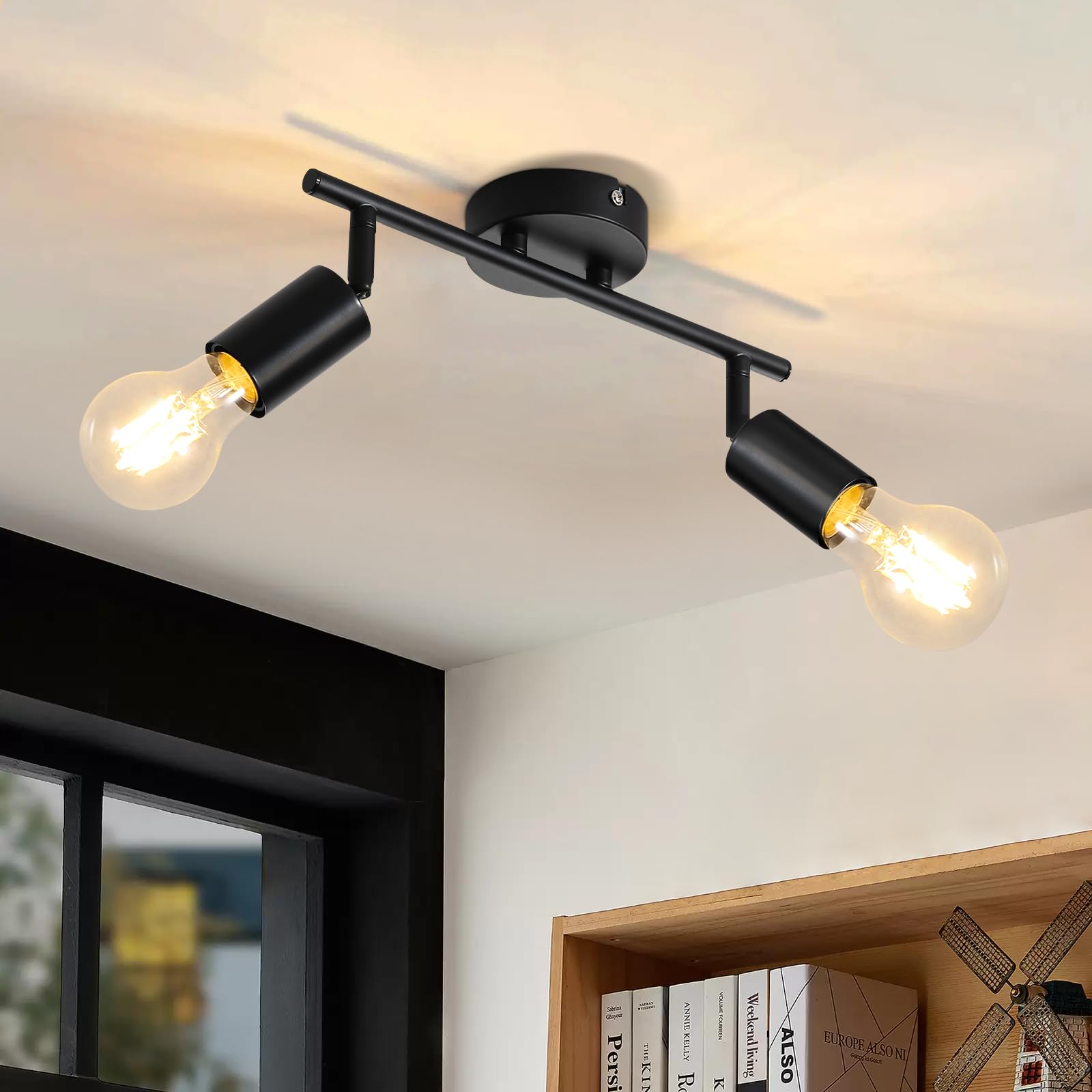 CBJKTX Deckenleuchte Schwarz Deckenlampe 2 Flammig - E27 Deckenstrahler Vintage Flur Deckenspot Schwenkbar 350° Spots Industrial küchenlampe für Küche Wohnzimmer Schlafzimmer (ohne Leuchtmittel)