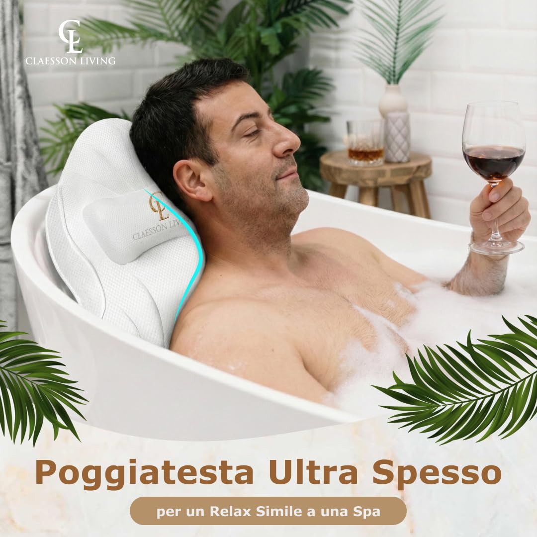 Cuscino Vasca da Bagno per Tutto il Corpo (126x41cm) – Cuscino Bagno con ventose e Poggiatesta (13cm); Supporta Collo, Schiena e Gambe – Incl. borse Lavaggio/Viaggio e Gancio Asciugatura – Bianco