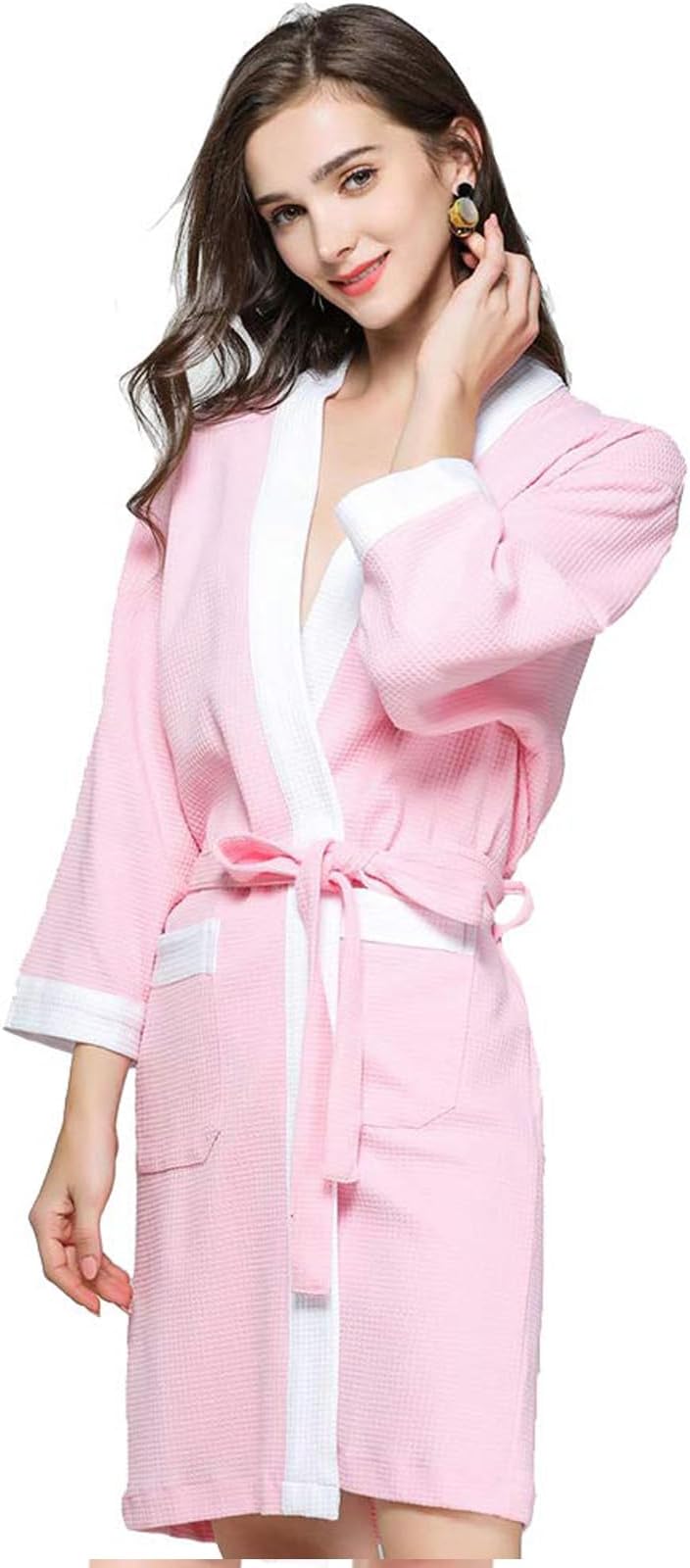 Women's Lightweight Kimono Bathrobe,Waffle Spa Robes,V-Neck Cotton Knee Length Sleepwear,Ladies Loungewear