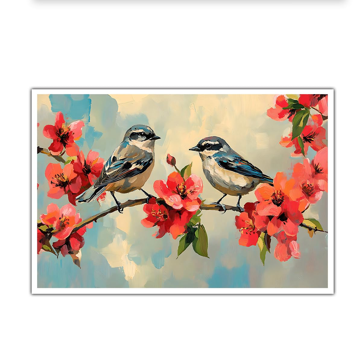 CHERHERART Birds Blossom Branch Canvas Wall Art Watercolor Spring Floral Poster Picture Cute Bird Couple Shabby Chic Canvas Prints Decor 55x85cm Frameless