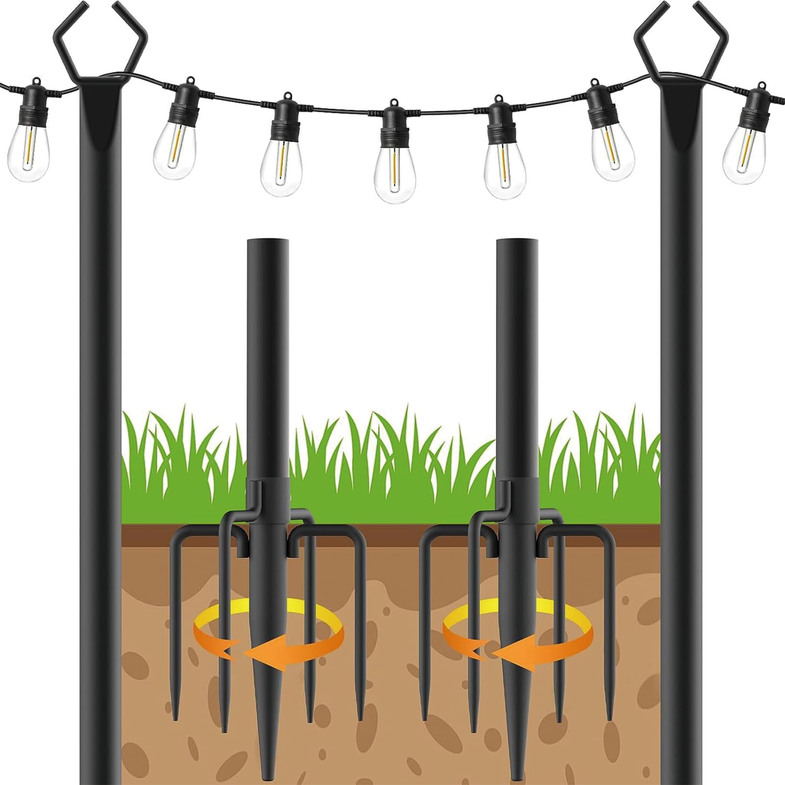 2 barras de luces con gancho de pastor, 3 m, postes de metal con tenedor para cadena de luces exteriores, terraza, patio, jardín, boda, fiesta (2 unidades)