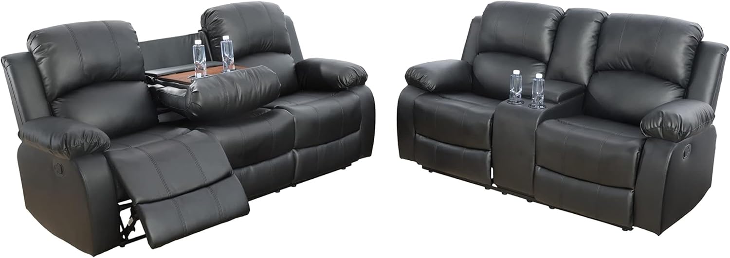 Pemberly Row Contemporary 2-Piece Faux Leather Recliner Sofa Set, Black, Includes Loveseat and Sofa, Modern Design, Easy Assembly, 82" W x 37" D x 40" H Sofa, 74.5" W x 37" D x 40" H Loveseat