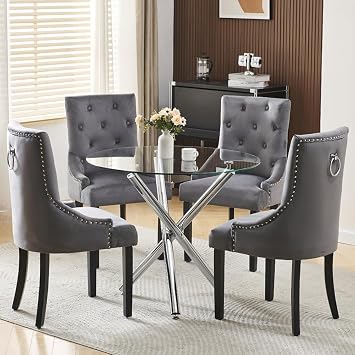 Modern Round Glass Dining Table and Chairs Set 4, 5 Piece Round Dining Room Table Set, Glass Table with 4 Dark Gery Velvet Knocker Dining Chairs Space Saving