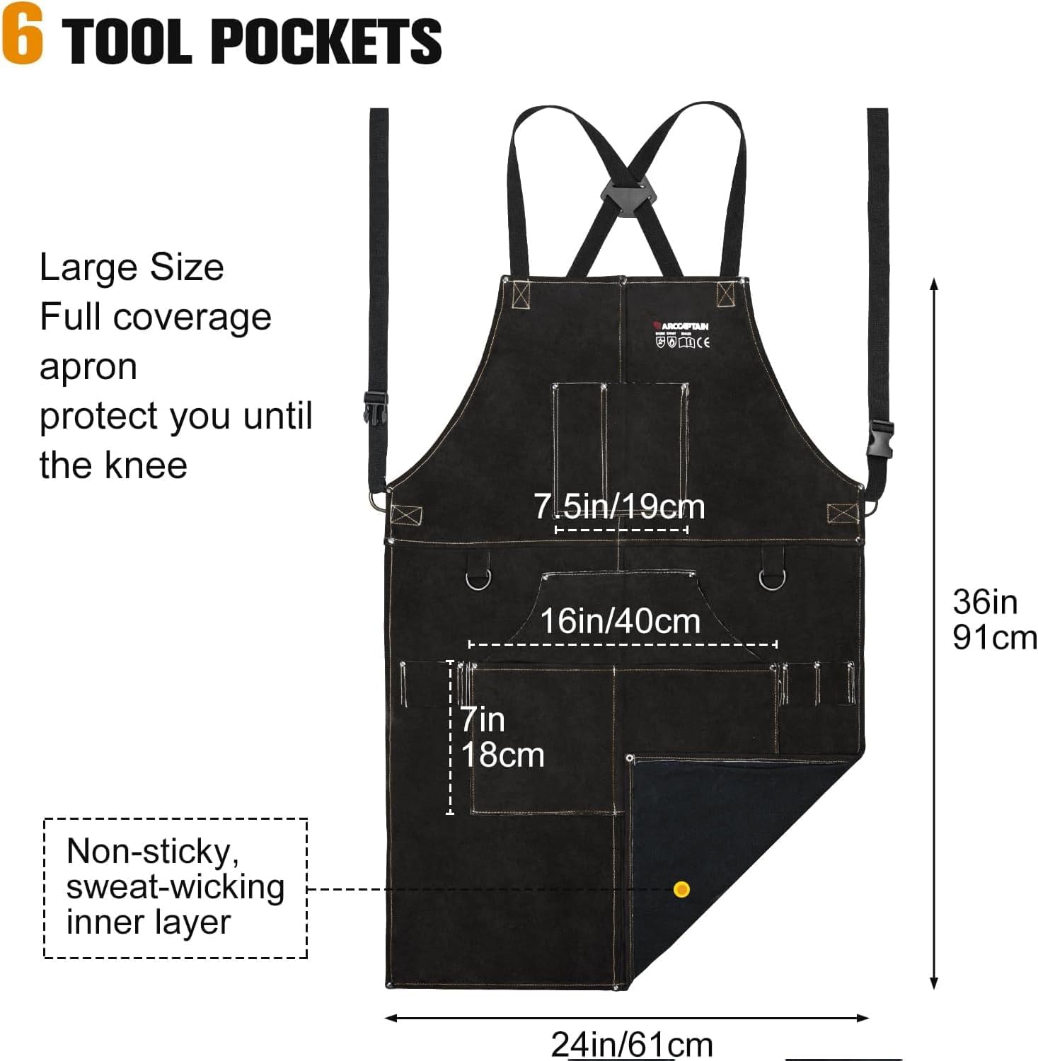 ARCCAPTAIN Leather Welding Work Apron 24" X 36" Heat Flame Resistant Cowhide Blacksmith Aprons with 6 Tool Pockets for Welders Men Women, Adjustable M to XXXL-Black
