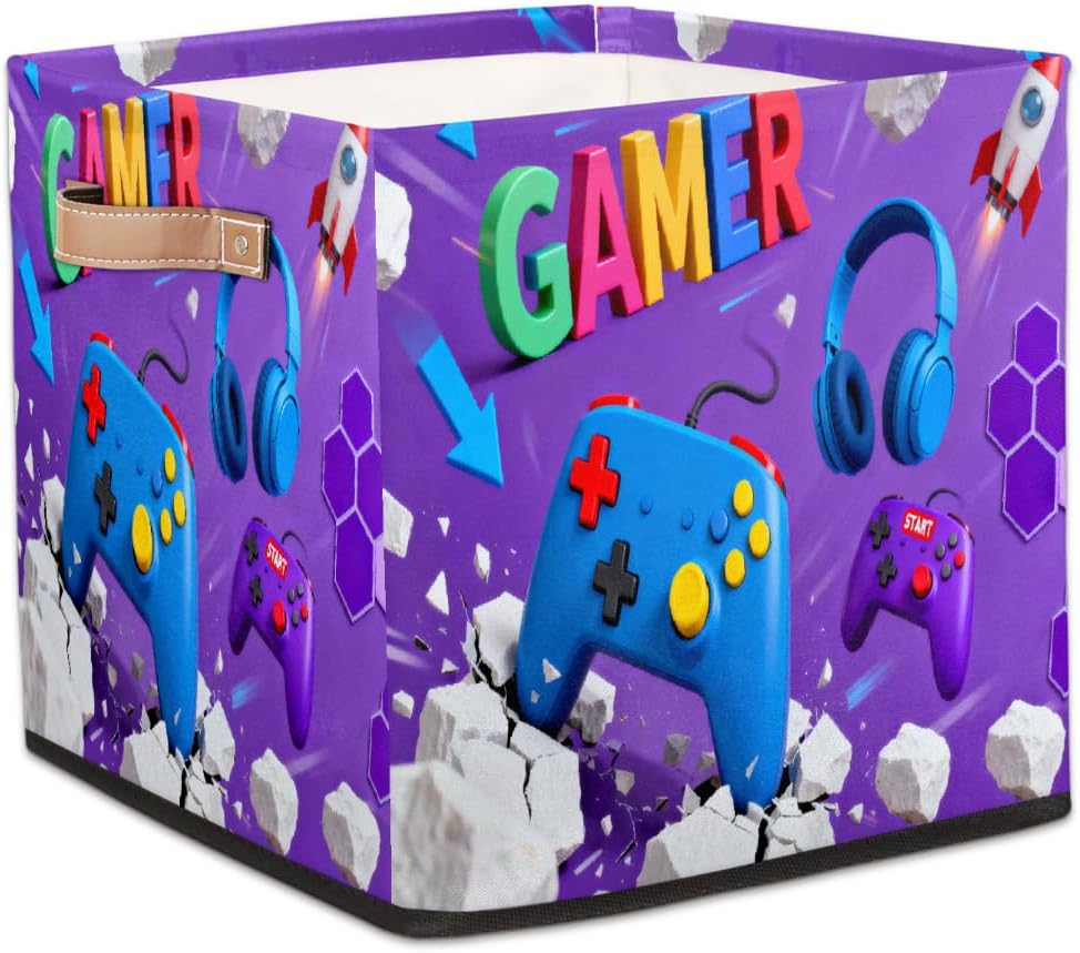 Kids Cube Storage Bins with Handles Toy Box Organizer Storage Basket Boys Girls for Playroom Nursery Shelf Book Room Decor(Game Start)