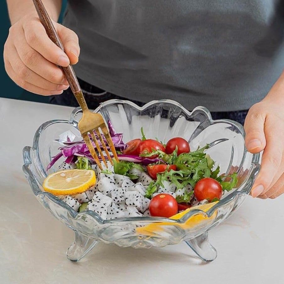 Image of Glass Fruit Bowl 9 Inch, Set of 1, Crystal Clear Beautiful Designer 3, Leg Glass Bowl for Vegetable Serving Dry Fruits, Snacks, Candy, Ice Cream, Sweets and Multi-uses Salad Bow