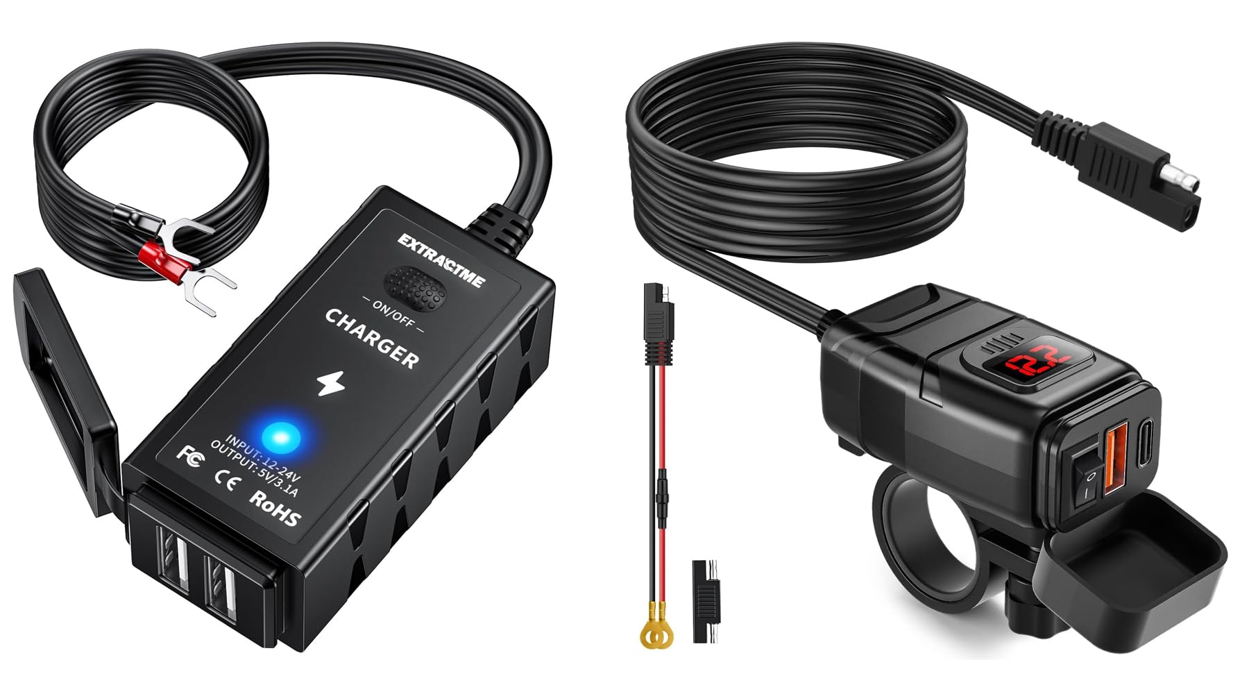 EXTRACTME Motorcycle Phone Charger, Quick Charge 3.0 Dual USB Motorcycle USB Charger with Voltmeter & ON/Off Switch