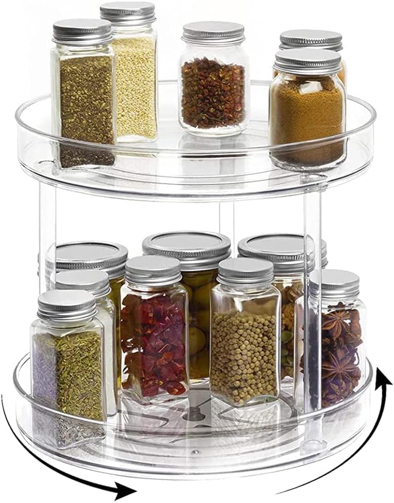 スパイスラック 調味料ラック 調味料収納トレイ キッチン収納 調味料入れ 360回転式 調味料おき 便利 おしゃれ 2層 パントリー 丸型 省スペース 楽チン取り出し 調味料 果物 飲み物 化粧品 ピッタリ 卓上回転トレー キッチン 浴室 リビングルーム 収納具 小物 透明 二層