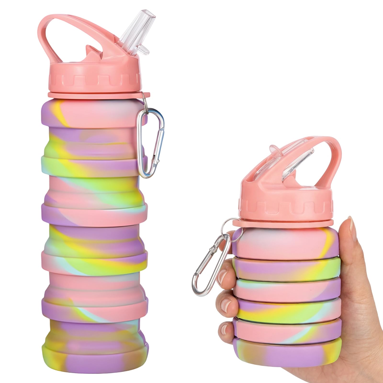 WaaRiuQ 1Pcs Collapsible Water Bottle Pink, 500 Ml Capacity Silicone Water Bottle For Outdoor Activities And Travel, Leakproof Collapsible Water Bottle For Travel, Camping And Gym