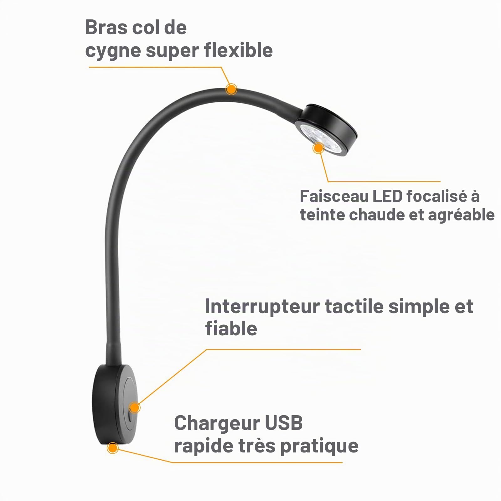 acegoo Lampe de lecture LED 12V camping-car lit murale chevet, col de cygne flexible dimmable DC12-24V avec variateur et chargeur USB pour bateau cabine camion van caravane, 2PCS (noir)