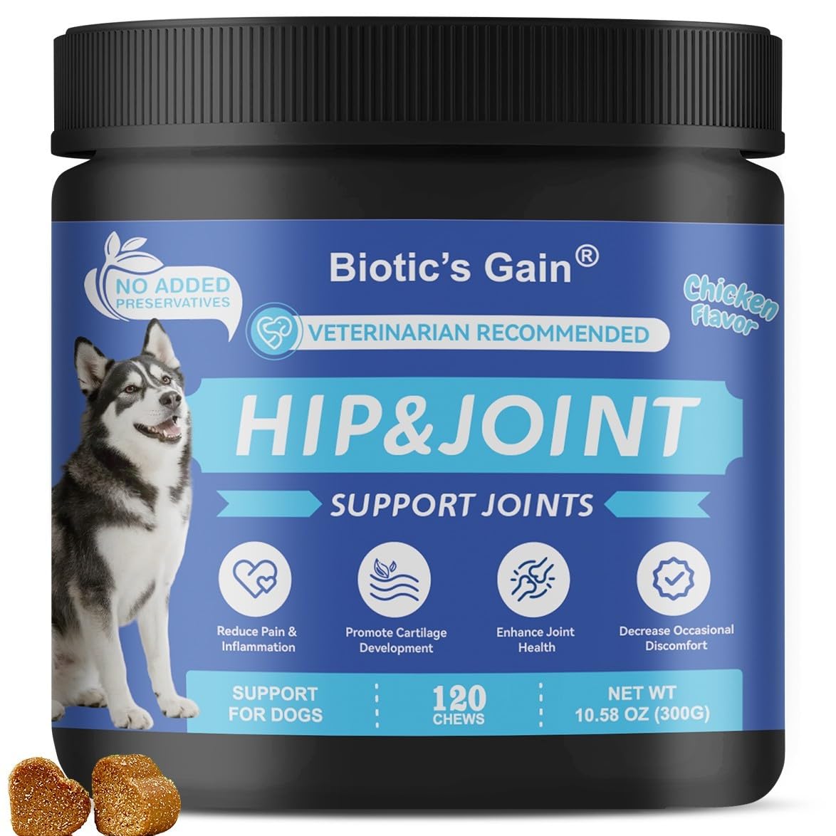 Biotic’s Gain Hip & Joint Soft Chews for Dogs | Glucosamine, MSM, Chondroitin & Turmeric | Hemp Seed Oil for Mobility | Tasty Chews for Senior & Active Dogs (120, Hip & Joint Care) — image 1