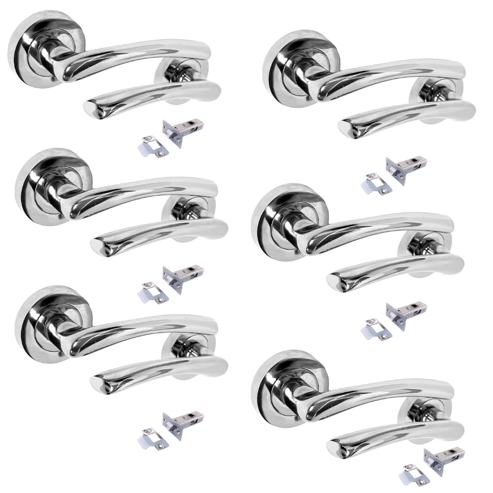 Epsom Door Handle Zena Polished Chrome Lever on Rose Internal Door Handles 6 Pairs Modern Chrome Door Handle Set with 63mm Tubular Latches