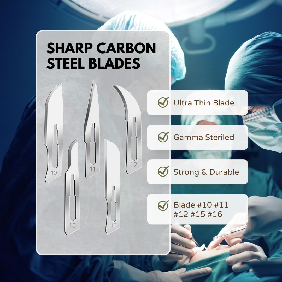 IMEDS Carbon Steel Sharp Blades Sterile Assorted Pack of 50 Pcs with Stainless Steel Scalpel Handle #3 Graduated All-in-One Kit to Make Finest Precision Cuts Multi-Function Scientific Lab Supplies