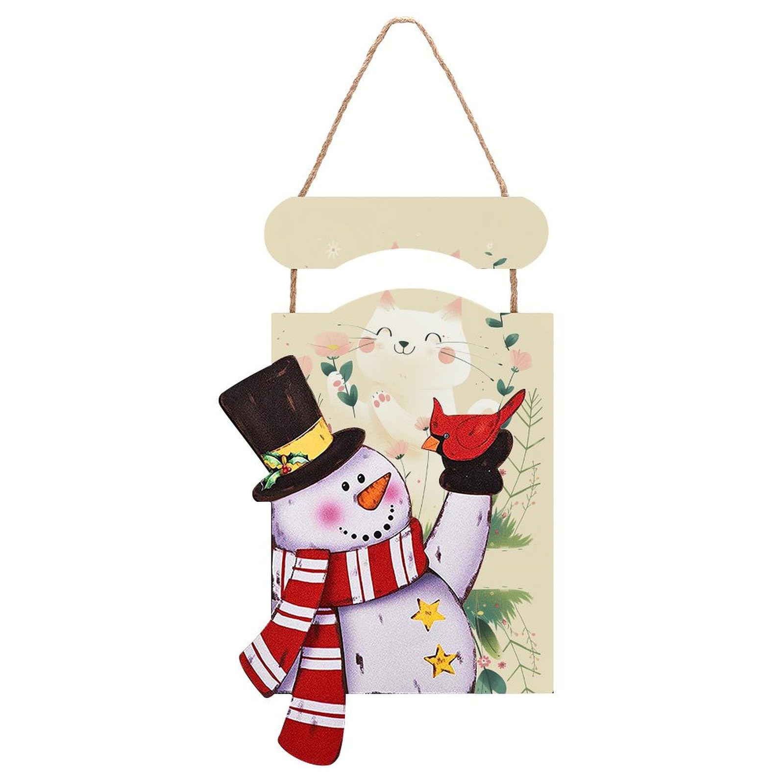 Tableau en bois bonhomme de neige et chat pour déco de Noël intérieure