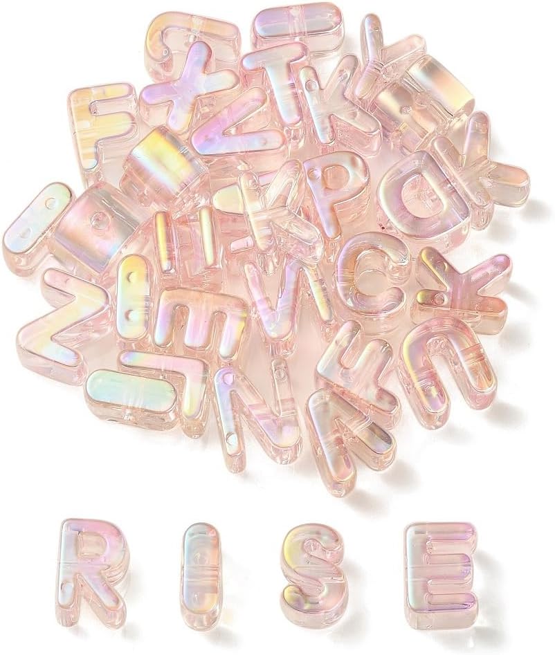 DanLingJewelry 90Pcs Random Light Pink Large A-Z Letter Acrylic Beads UV Plated Iridescent Alphabet Beads for Jewelry Making Bracelets Keychain