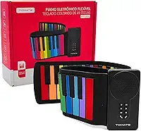 Teclado Musical Eletrônico Flexível Colorido 49 Teclas Sensível ao Toque, 7 Timbres e Músicas de Demonstração com Função de Gravação