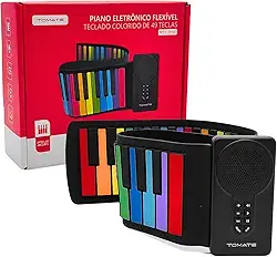 Teclado Musical Eletrônico Flexível Colorido 49 Teclas Sensível ao Toque, 7 Timbres e Músicas de Demonstração com Função de Gravação