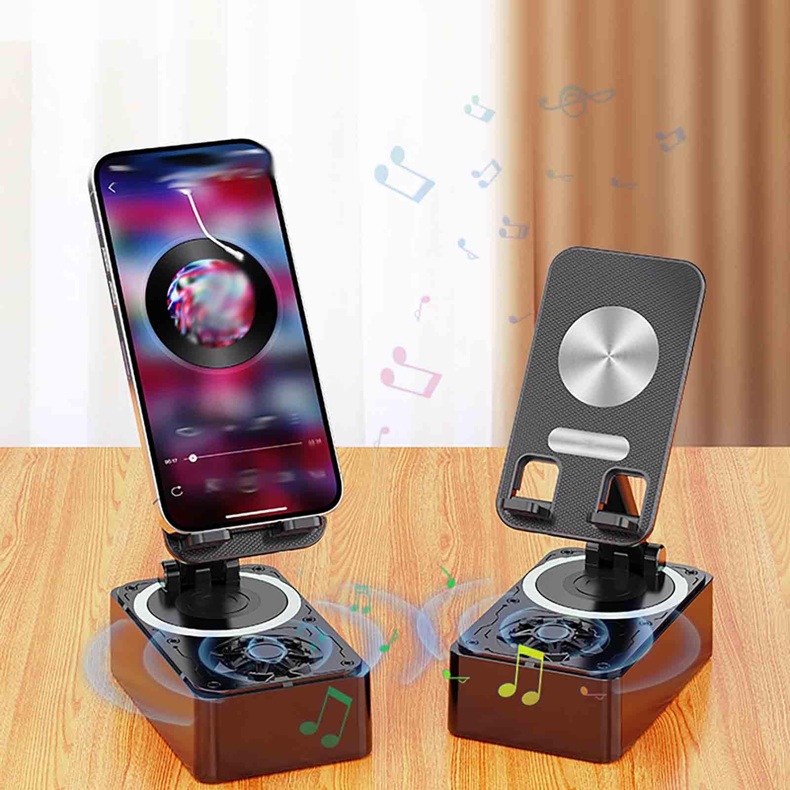 2 in-1 Mobile Phone Stand and Audio, Phone Holders with Bluetooth Speaker, 9D Sound Quality, 360° Rotating, Foldable, No Slip, Long Battery Life, for Desk, All Phones, Tablet