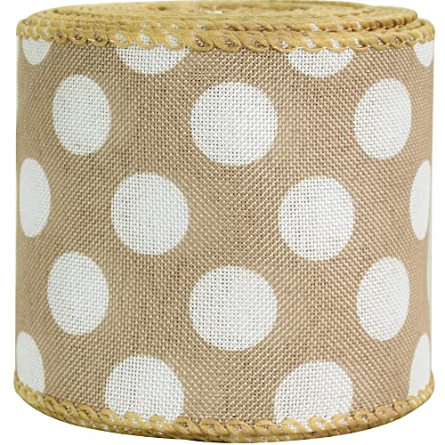 Toniful 2.5 Inch Wired Edge Burlap Ribbon, Natural Burlap Color And Dots Ribbons For Gift Wrapping, Wreath Bows Making, Crafts Home Party Christmas Tree Decoration（Dots ，6Yds） #TOP3