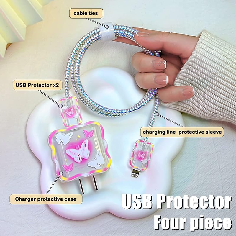 Image of iPhone Charger Case,Accessories,Protective Case for 18W 20W iPhone 14 13 12 11 Pro Max Fast Charging Cable Adapter Charger, Cute Lightning Data Cable Case for iPhone Charger,(Butterflies)