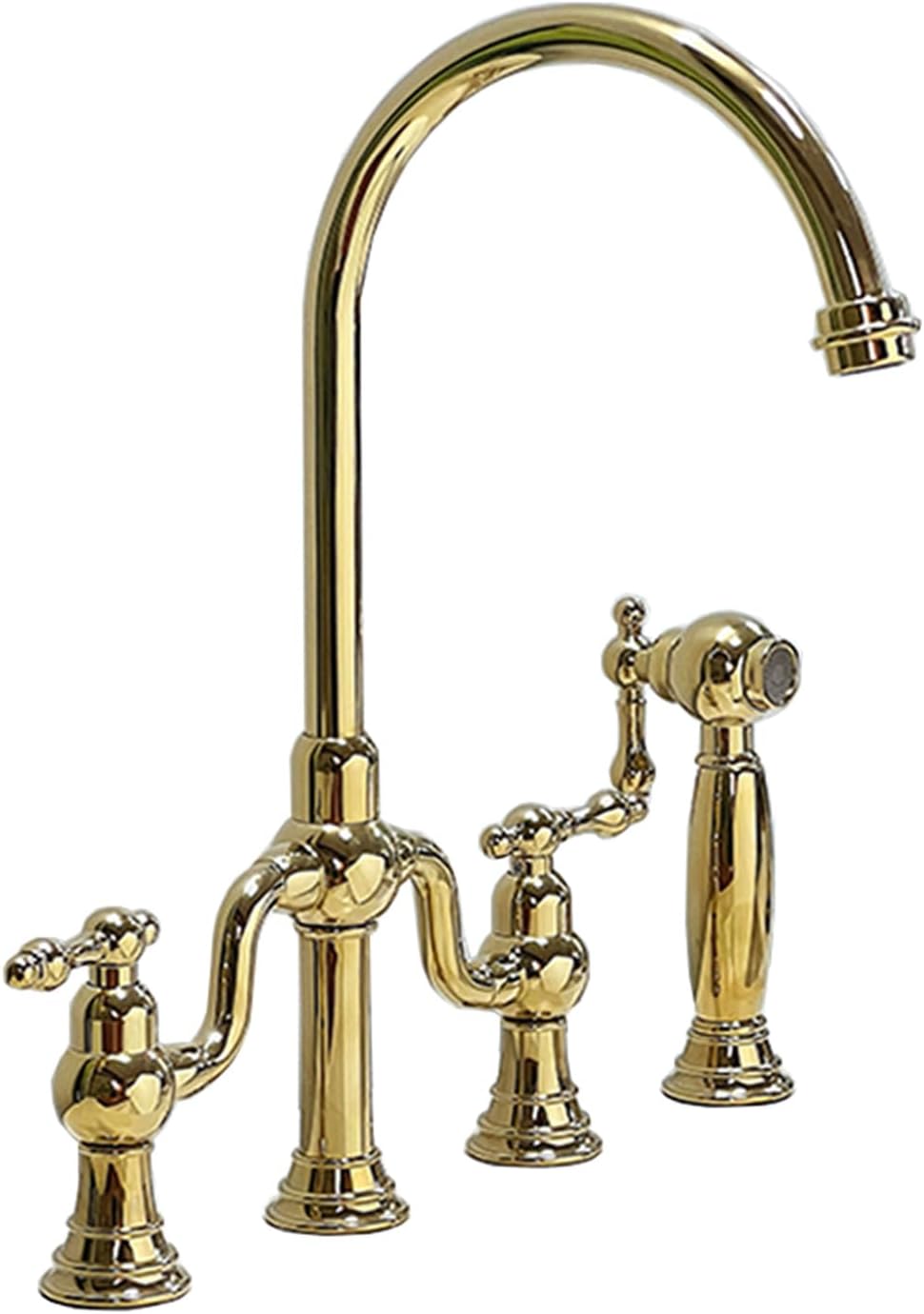 Bridge Kitchen Tap with Side Sprayer Brass Kitchen Sink Mixer Taps Double Handle 4 Holes Tabletop Installation