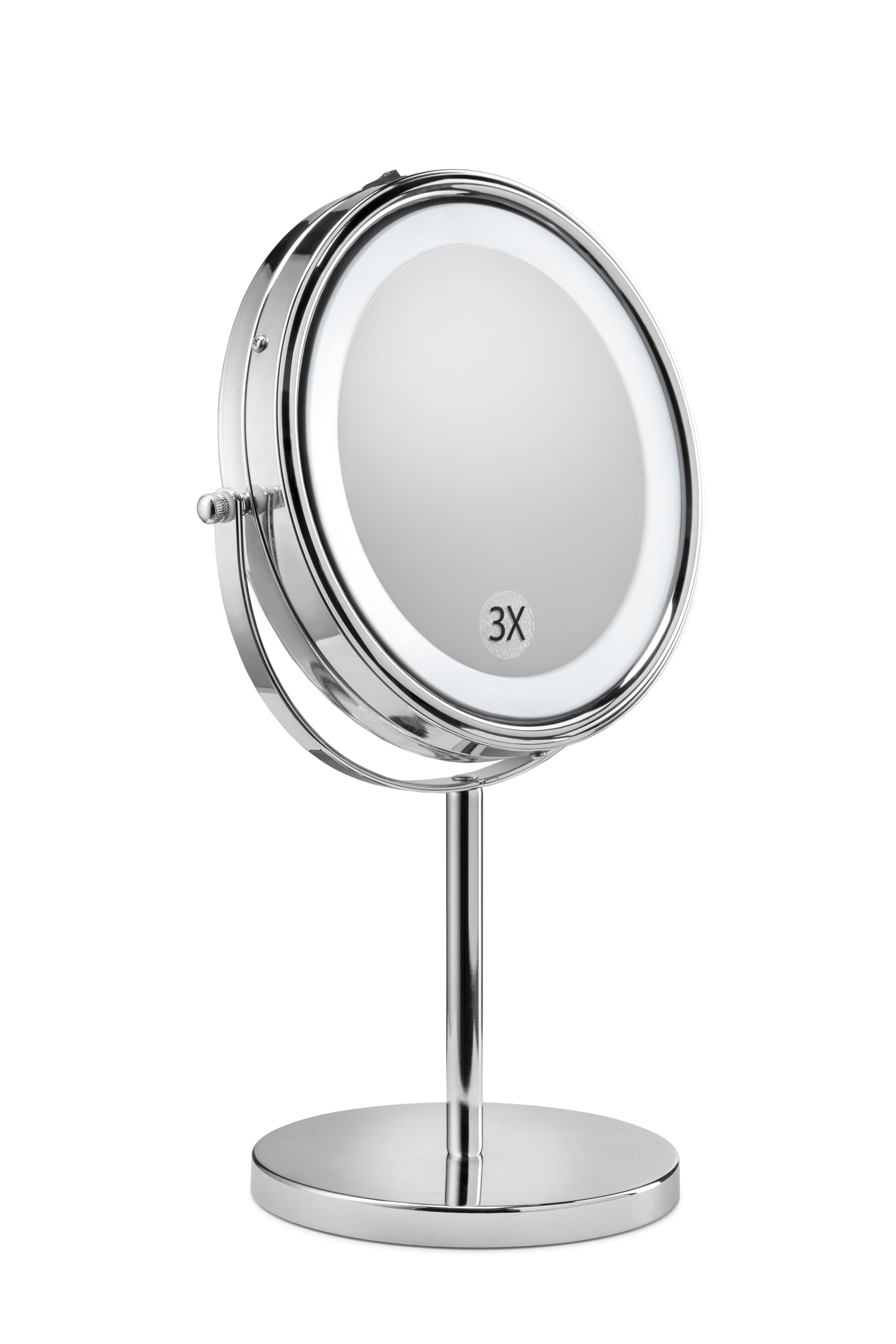 Croydex Chrome Freestanding Pedestal Bathroom Mirror, Illuminated Makeup Mirror with Lights, Double-Sided Magnifying x3, Sleek Design, 1x True View, Illuminated Edge, No Fittings Required