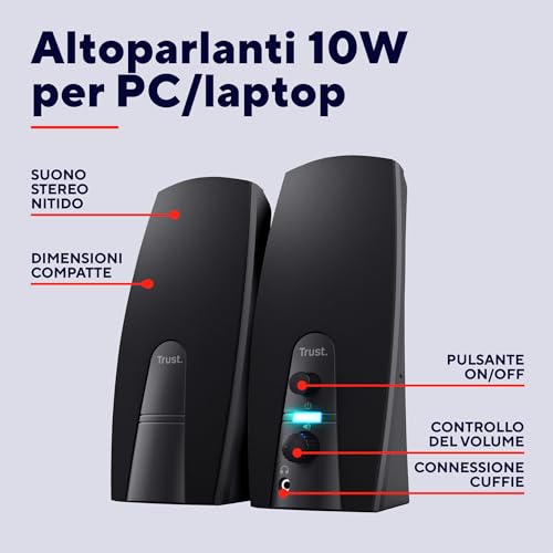 Almo Casse Pc, Set Di Altoparlanti 2.0 Usb Stereo, 10 W, Jack Aux 3.5 Mm, Connettore Per Cuffie, Casse Per Pc Fisso, Altoparlante Per Computer, Portatile, Nero - Casse per PC - Immagine 1